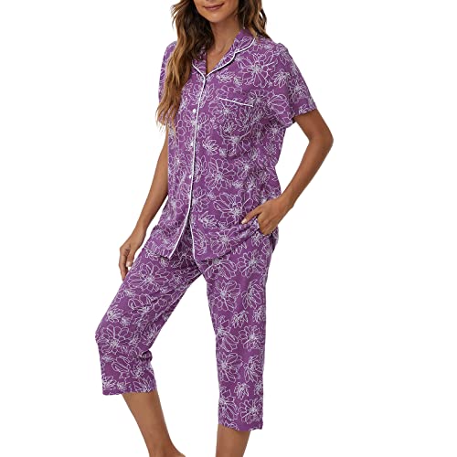 Image of Tugege Capri Pajamas Set Womens Button Down Short Sleeve Lounge Sets Sleepwear Notch Collar Top & Capri 2 Piece PJ Sets