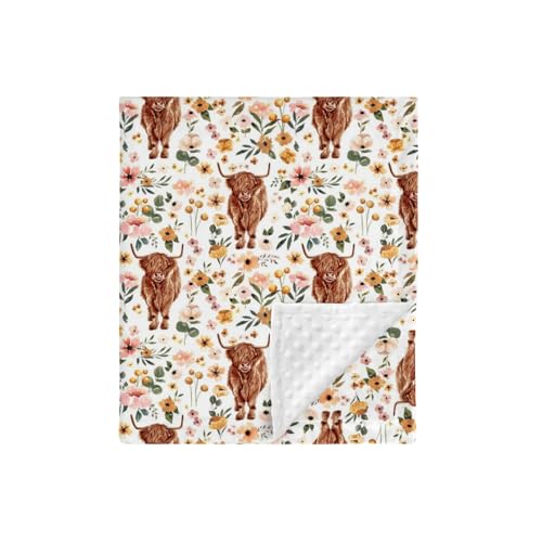 Image of HawSkgFub Highland Cow Floral Mink Baby Blanket Dotted Backing Girl, Boho Western Farm Animal Yak Flower Double Layer Nursery Bed Blankets, Soft Plush Newborn Infant Toddler Kid Crib Bedding 30 x 40