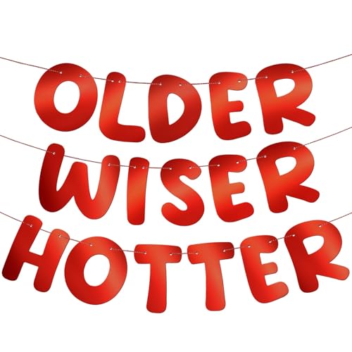 Image of Fulmoon Set of 3 Pre Strung Older Wiser Hotter Glitter Banner Funny Birthday Banner for Women 30th 40th 50th 60th 70th 80th Birthday Party Decorations Sign Gift(Bright Red)