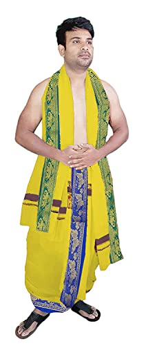 Image of TUNI MANI Men's Panchakacham Dhoti with Angavasthram Towel, Jari Border, 100% Cotton, Size: 9 X 5 (4.0mtr Dhoti, 2.25mtr Towel) (Unstitched)