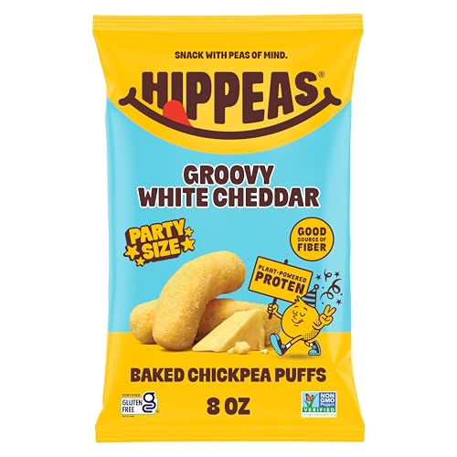 Image of HIPPEAS Chickpea Puffs, Groovy White Cheddar, Gluten Free Snacks, Dairy Free, Vegan, 8oz Bag, 3g Protein, 2g Fiber, Crunchy, Nutritious, Baked Plant Protein Snack, Non-GMO, Kosher