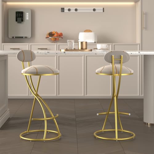 Set de 2 Butacos para Barra Calivox, Asiento Redondo de Terciopelo con Rayas, Estructura Dorada de Metal, Altura para Barra de Cocina miniatura 1