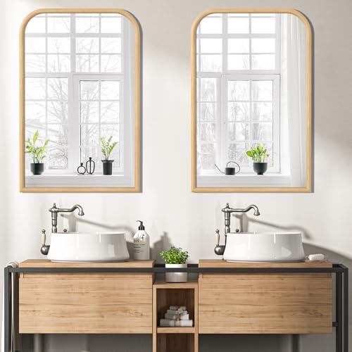 Image of 24 inchx36 inch Arch Wall Mirror for Wall, Wall Mounted Vanity Mirror for Bedroom, Wood Grain Finish Frame Mirror with Tempered Glass, Vintage Decorative for Bathroom, Entryway, Living Room, Natural