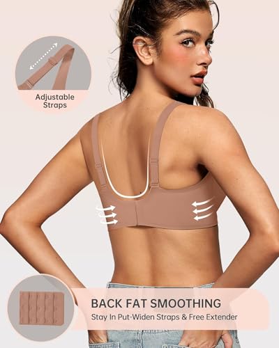 Image of OEAK Womens Deep V Bras Wireless Comfortable Bra Supportive No Underwire Bras Tshirt Push Up Bralettes Plunge Seamless Bra Latte XL