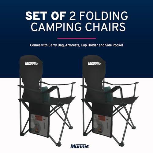Munnie Set of 2 Folding Camping Chairs | Lightweight Heavy Duty Outdoor Chair | With Armrests, Cup Holder and Side Pocket | Extra-Wide 120kg Capacity per Chair | Included with Carry Bag – Black - Image 5