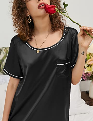 Eshion Women's Silk Nightgown Loose Sleep Dress Satin Scoop Neck Short Sleeve Nightshirts Satin Sleep Dress For Shower Black Large #TOP2