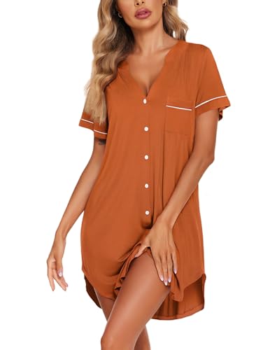 Image of Ekouaer Nightgowns for Women Button Down Night Gowns Short Sleeve Sleep Shirt V Neck Nightshirt Soft Sleepwear Pajams Dress