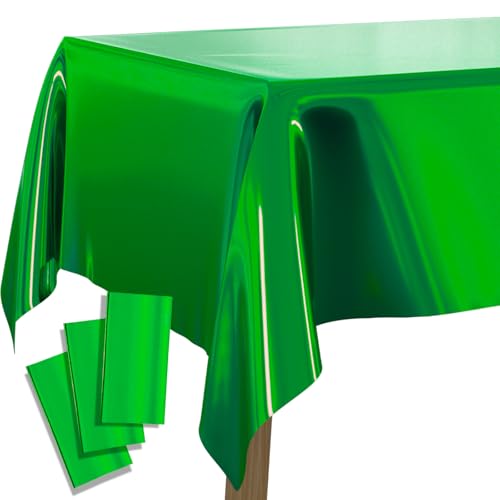 Image of PartyWoo 3 pcs Green Foil Table Cover, 54 x 108 Inch Rectangle Waterproof Tablecloth for 6 to 8 Foot Tables, Disposable Plastic Party Tablecloth for Christmas Graduation Birthday Party Decorations