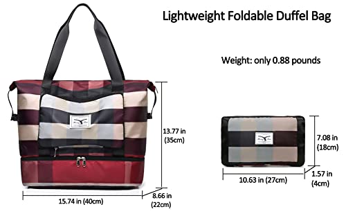 New Foldable Dry/Wet Separation Travel Duffel Bag with Shoe Compartment Large Capacity Folding Weekender Overnight Bag Lightweight Waterproof Gym Tote Bag (B-Red)3