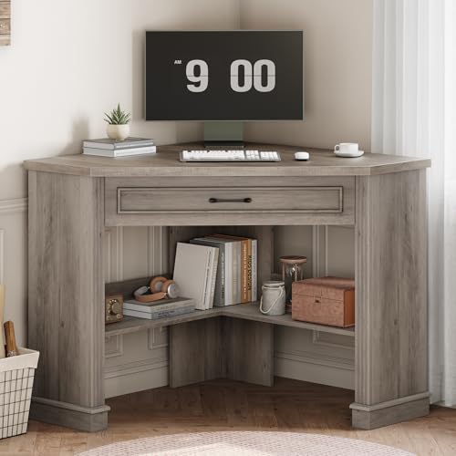 SEDETA 31.5" Small Corner Desk, Corner Desk for Small Space, Farmhouse Computer Desk with Drawers, Triangle Computer Desk with Storage Shelves for Home Office, Living Room, Bedroom, Gray Gre