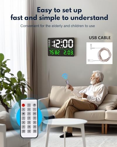 Image of 15-Inch Digital Wall Clock with Large LED Display - Remote Control, Auto-Dimming, Night Light, Date, Day, Temperature, DST Function - Ideal for Living Room, Bedroom (Square Green)