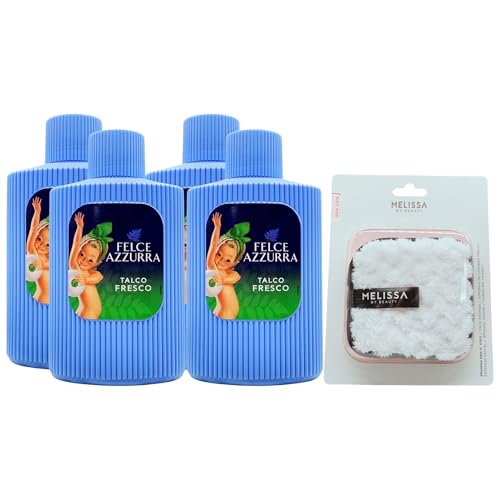 SET: Barattolo Talco, Polvere Naturale Ideale Dopo Il Bagno o La Doccia. Lascia La Pelle Fresca e Profumata. Disponibile In Varie Profumazioni 200g + Spugna Per Il Viso (4 Barattoli+Spugna, FRESCO)