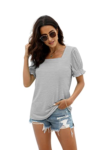Image of WIHOLL Tops for Women Summer Casual Ruffle Trim Sleeve Square Neck T Shirts