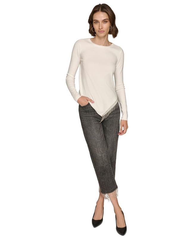 KARL LAGERFELD Paris Womens Asymmetrical Crystal-Trim Sweater Soft White X-Large