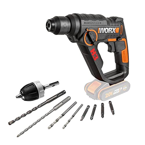 WORX Marteau sans fil PowerShare 20 V - 3 outils en 1 - Perceuse, tournevis et marteau, lumière LED, portable et léger, outil nu uniquement, WX390.9 Noir