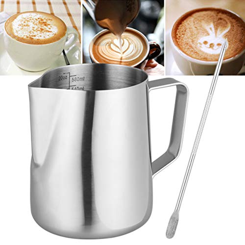 Cabilock – Jarro de leite de aço inoxidável 600 ml, café Cappuccino, jarro de leite com caneta decor