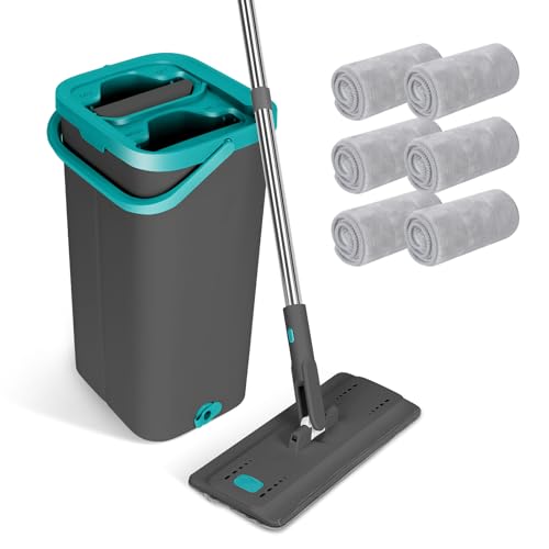 Masthome Serpillère Seau Essoreur, Serpillière Plat Rotatif 360° avec 140cm Manche en Aciers Inoxydables et 6 Serpillères Réutilisables, Balai...