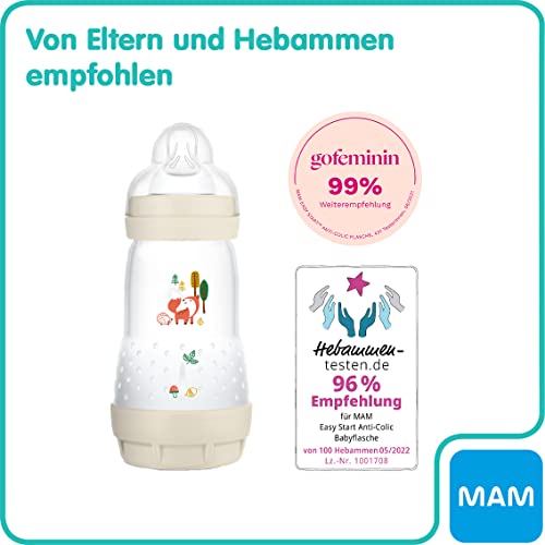 MAM Easy Start Anti-Colic Elements Babyflasche im 2er-Set (260 ml), Milchflasche für die Kombination mit dem Stillen, Baby Trinkflasche mit Bodenventil gegen Koliken, 0+ Monate, Fuchs/Waschbär – Bild 5