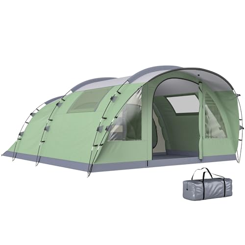 DESIGN SPAZIOSO A DUE STANZE: Dimensioni complessive: 505 x 390 cm. Questa tenda campeggio offre spazio ideale per 2–4 persone, con due camere da letto private e un soggiorno ampio e accogliente. Il portico anteriore con ingresso esteso di 65 cm aggiunge un'area coperta extra per maggiore comfort.