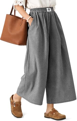 Image of TARSE Women Wide Leg Capri Pants Loose Gingham Plaid Culottes Summer Elastic Waist Palazzo Trousers Bottoms with Pockets