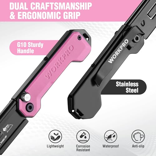 WORKPRO Vouwmes, universeel mes, cuttermes, zakmes met snelwisselmechanisme, G10-handgreep, met 10 extra SK5-mesjes, ideaal voor het snijden van leer, PVC, papier, roze - Afbeelding 4