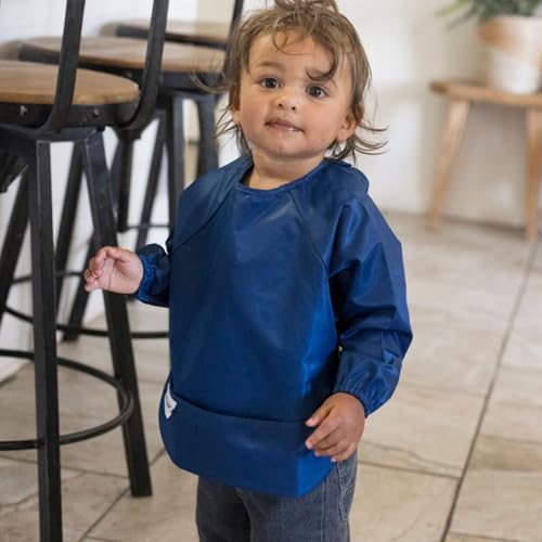 Image of Tiny Twinkle Long Sleeve Bib for Babies & Toddlers | 2-Pack Waterproof Smock Bib for Eating | Machine Washable & Mess-Proof Feeding Essentials | Newborn Shower Gift (Grey Indigo,6-24M)
