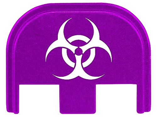 NDZ Performance Gen 5 Slide Cover Back Plate for Glock 17 19 19X 22 23 26 27 34 45 9mm .40 S&W Laser Engraved Skull Images in Purple Aluminum - Biohazard