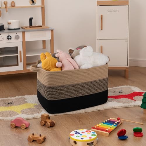 Image of OIAHOMY Large Blanket Basket, Rectangle Woven Baskets, Nursery Blanket Storage Living Room, Toy Storage With Handle, Large Baskets for Organizing-17.7 inchx13.8 inchx11 inch-Yellow Black