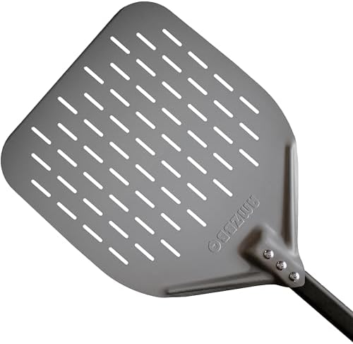 AMZBBQ® Pizzaschieber perforiert 40×40×76 cm – Pizzaschaufel aus Aluminium | XXL-Fläche für große Pizzen im Pizzaofen & auf Pizzastein – harteloxiert, weniger Mehl, leichtes Aufneh