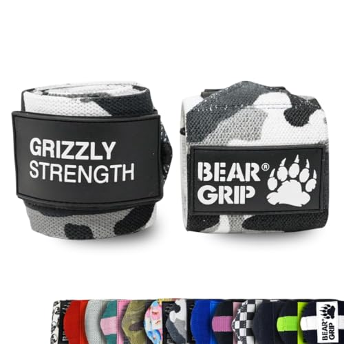 BEAR GRIP Muñequeras de alta resistencia para levantamiento de pesas, culturismo, crossfit, levantamiento de potencia, StrongMan (camuflaje, 61 cm)