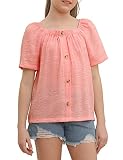 Girls Summer Blouses Short Sleeve Square Neck Button Down Tee Shirts Solid Casual Loose fit Tops Pin