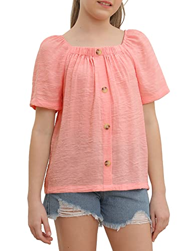 Girls Summer Blouses Short Sleeve Square Neck Button Down Tee Shirts Solid Casual Loose Fit Tops Pink #TOP19