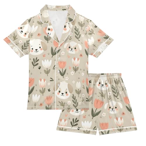 ALAZA Puppy Dog Tulip Flower Pajamas Satin Pajama Set Short Sleeve Button Down Sleepwear