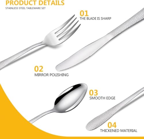 Image of Hammered Sterling Silver Silverware Set | 20-Piece Premium Stainless Steel Flatware Set | Dishwasher Safe Cutlery Set for Home, Restaurant & Gifting