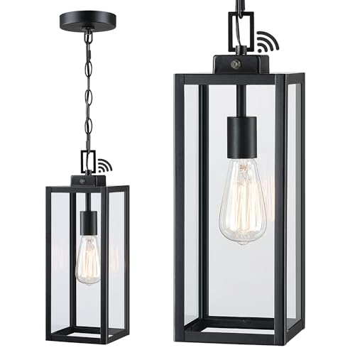 Image of Faymart lighting 17 Inch Outdoor Pendant Light Dusk to Dawn, Sensor Hanging Light for Porch Entrance Lantern, Metal and Glass Photocell Exterior Hanging Lantern for Front Door Patio Pendant,E26