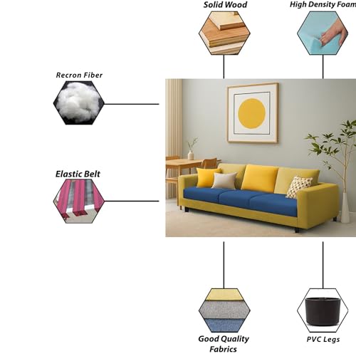 Image of Galib 3 Seater Sofa Set for Living Room (Blue Yellow Fabric) Premium Fabric Sofa Set