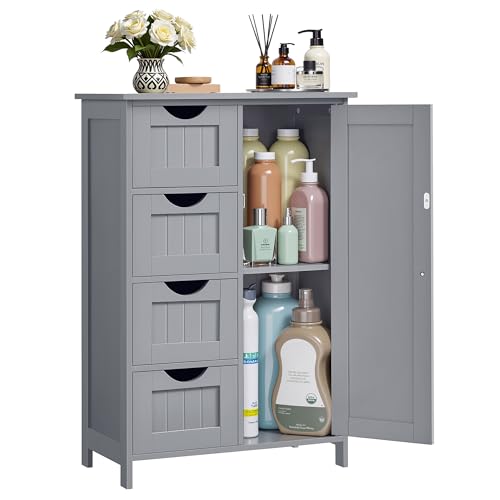 VASAGLE Armario de Baño, Mueble de Baño Estrecho, Cómoda de Baño, Cajonera con 4 Cajones, Armario con Puerta, Estante Ajustable, 30 x 55 x 82 cm, Gris Paloma LHC041P36