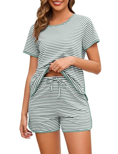 Image of Cotton Pajama Sets for Women 2 Piece Lounge Set Stripe Pj Set Loungewear Short Sleeve Top and Shorts with Pockets