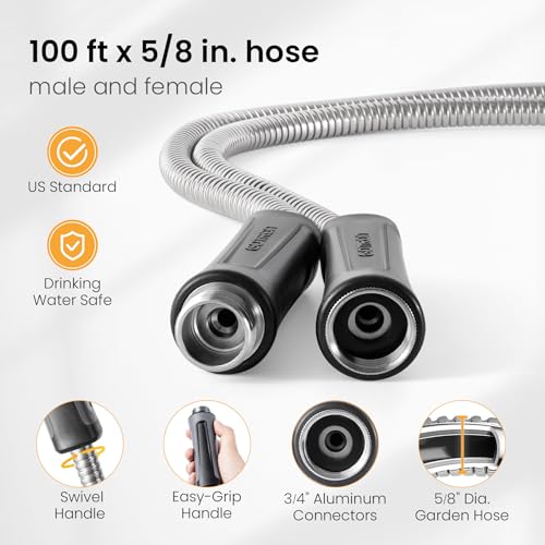 Gotron-Water-Hose-100-ft-Heavy-Duty-Metal-Garden-Hose-with-9-Function-Spray-Nozzle-Lightweight-Kink-Free-and-Drinking-Water-Pipe-for-RV-Outdoor-Yard-100ft-x-58-Female-to-Male