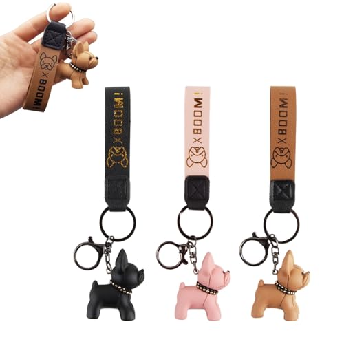 FainFun 3 Pezzi Portachiavi Bulldog Francese Nero, Portachiavi Cane, per Chiavi Dell'Auto, Borse, Decorazioni per Zaini, Regali per Gli Amanti del Bulldog (Nero/Rosa/Kaki)