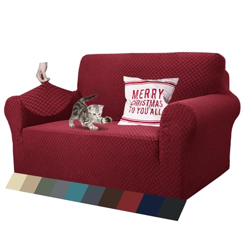 ZNSAYOTX 1 Piece Jacquard Couch Covers for 2 Cushion Couch High Stretch Loveseat Slipcover for Pets Dogs Anti Slip Love Seat Sofa Slipcover Furniture Protector (Loveseat, Wine Red)