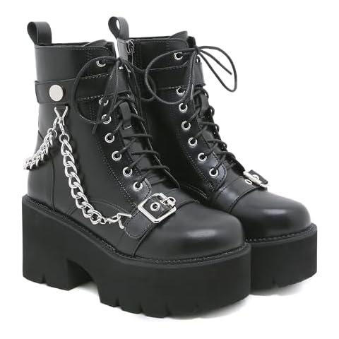GooMaShoes Women's Black Metal Chains Lace up Goth Platform Boots Cover
