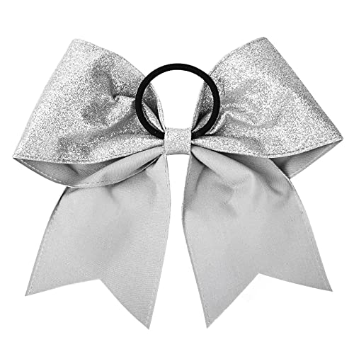Deeka 2 Pcs 7" Large Cheer Bows Ponytail Holder Handmade For Girls Teens Softball Cheerleader Sports -Glitter Silver #TOP4