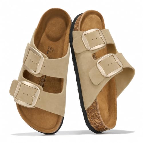 Image of Project Cloud 100% Genuine Leather Flat Sandals for Women 2026 Comfortable Beach Essentials Womens Sandals Memory Foam Vacation Essentials Slides for Women Footwear (Santorini)
