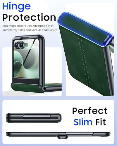 Image of for Motorola Razr 2026 Case with Hinge Protection & Built-in Outer Screen Protector, Ultra-Thin PU Leather Matte PC Shockproof Cover, Slim Protective Phone Case for Moto Razr 2026-Green