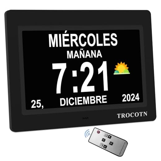 TROCOTN Reloj digital grande para personas mayores, calendario de pantalla grande con alarmas personalizadas, reloj de pared con día y fecha (7 pulgadas, negro)