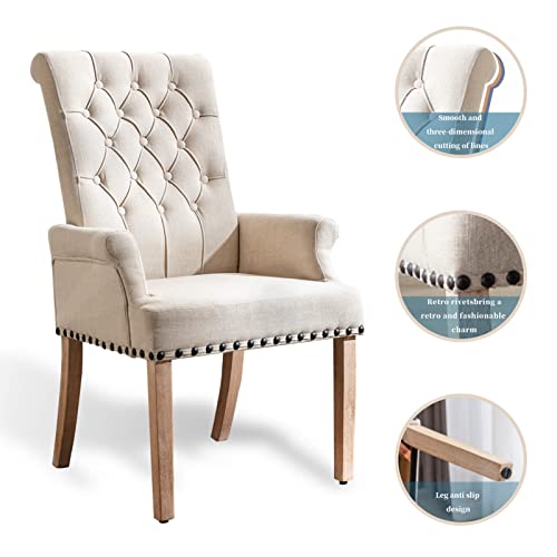 Restworld Fabric Arm Dining Chair,Tufted Upholstered High Back Nailed Trim With Untique Oak Wood Legs For Kitchen Restaurant Room Bedroom, White #TOP4