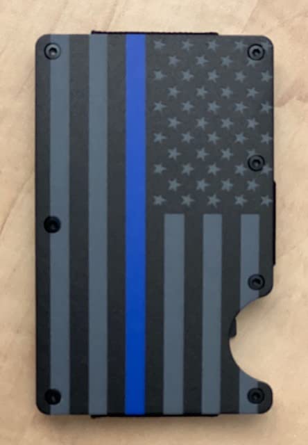Black & Gray American Flag Engraved, Minimalist Wallet, RFID Blocking Aluminum Slim Wallet (Blue Line with Money Strap)2
