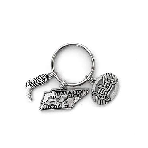 Tennessee keychain. Includes State of Tennessee, Musical Notes, and Cowboy Boot charms. Tennessee, Nashville, Memphis Gift.