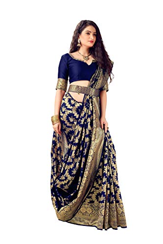 Indian Traditional Banarasi Silk Saree with Waist Belt & Unstitched Blouse Piece for Women (Navy Blue)